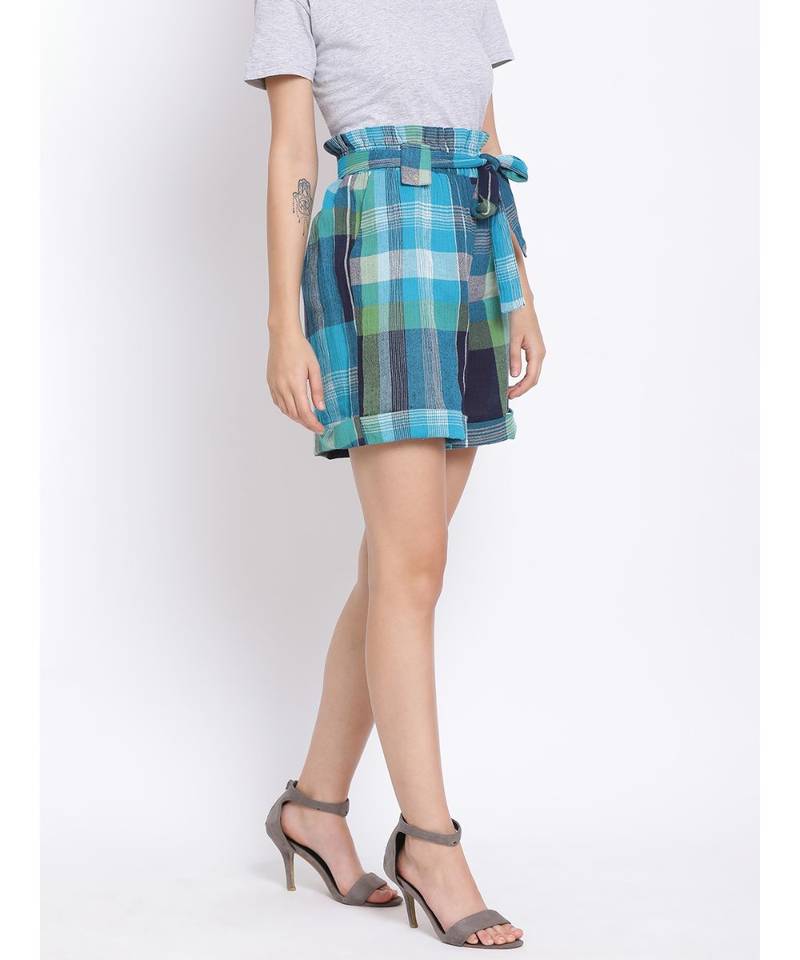Blue Checkered Paperbag Women's Shorts