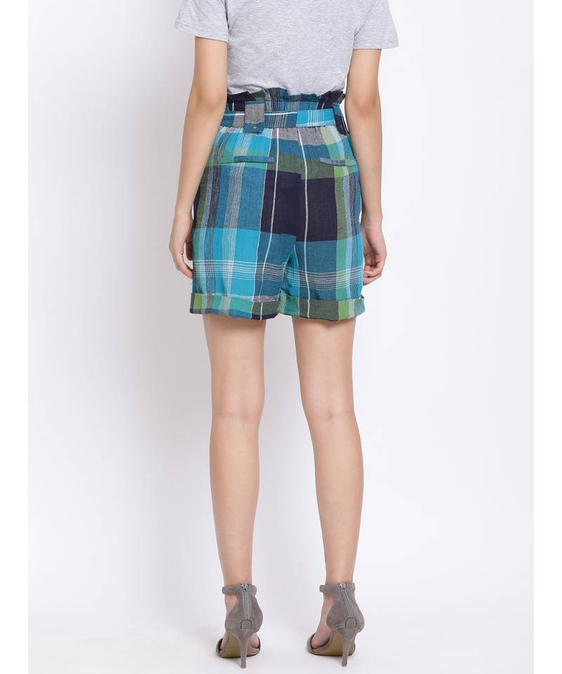 Blue Checkered Paperbag Women's Shorts