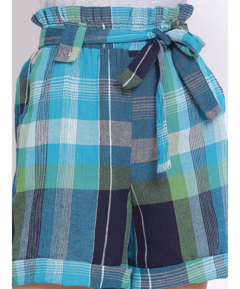 Blue Checkered Paperbag Women's Shorts