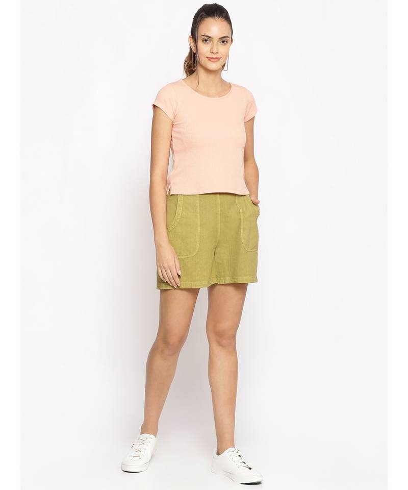 Cotton Washed Shorts  in Olive Green