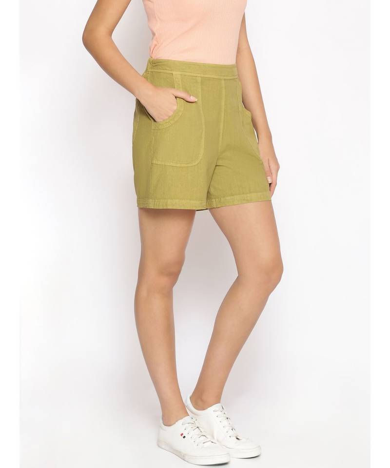 Cotton Washed Shorts  in Olive Green