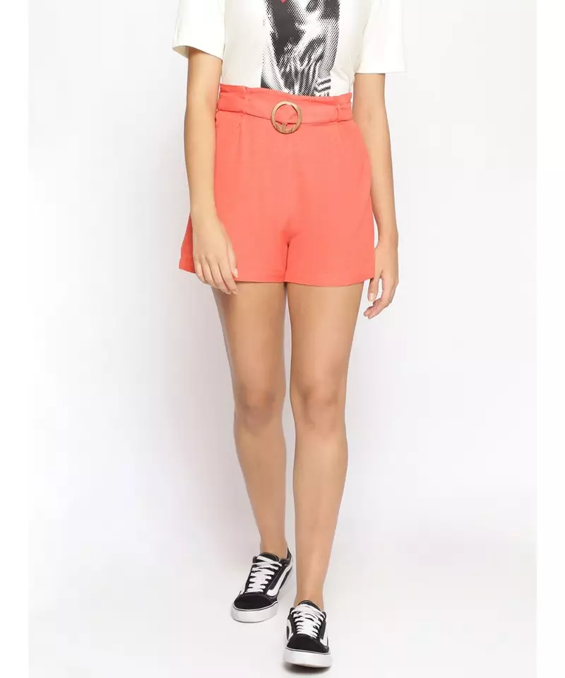 Linen Blend Cotton Shorts in Peach