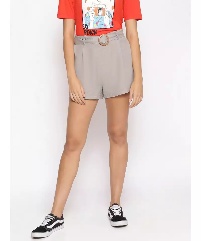 Linen Blend Cotton Women  Shorts in Grey
