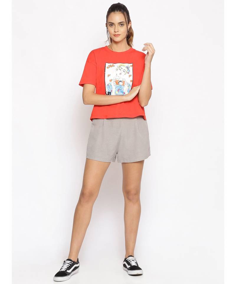 Linen Blend Cotton Women  Shorts in Grey