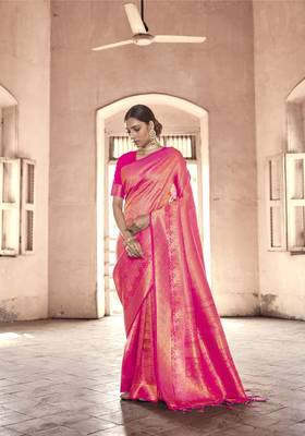 Pink woven silk saree with blouse 1