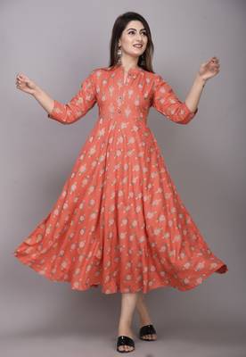 Peach Printed Rayon Anarkali Kurti 1