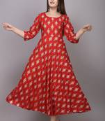 Red Gold Printed Rayon Flared-Anarkali Kurti