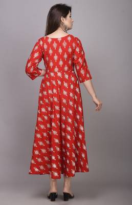 Red Gold Printed Rayon Flared-Anarkali Kurti 2
