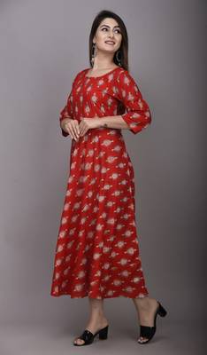 Red Gold Printed Rayon Flared-Anarkali Kurti 3