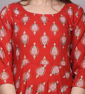 Red Gold Printed Rayon Flared-Anarkali Kurti 4