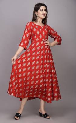 Red Gold Printed Rayon Flared-Anarkali Kurti 5