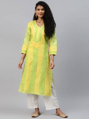 Green Embroidered Cotton Chikankari Kurti  1