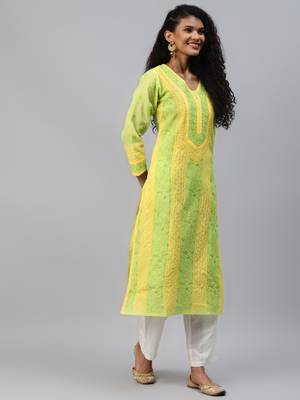 Green Embroidered Cotton Chikankari Kurti  3