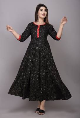 Black khadi-Gold Printed Rayon Anarkali Kurti 1