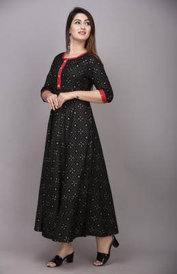 Black khadi-Gold Printed Rayon Anarkali Kurti 3