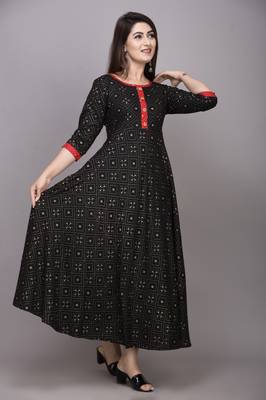Black khadi-Gold Printed Rayon Anarkali Kurti 4
