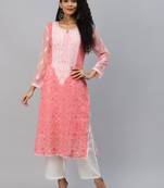 Ada Hand Crafted Peach Georgette Lucknowi Chikankari Indian Women Kurta with Slip - A218642