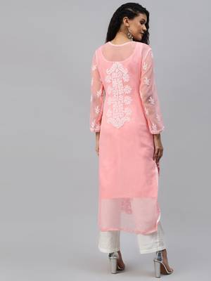 Ada Hand Crafted Peach Georgette Lucknowi Chikankari Indian Women Kurta with Slip - A218642 2