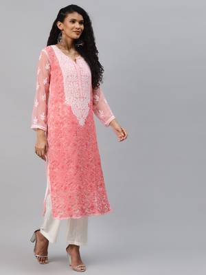 Ada Hand Crafted Peach Georgette Lucknowi Chikankari Indian Women Kurta with Slip - A218642 3