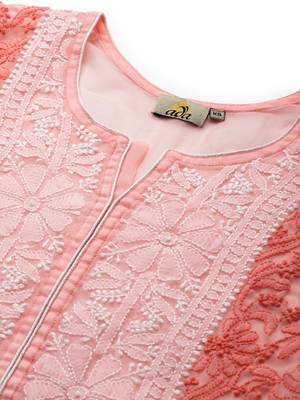 Ada Hand Crafted Peach Georgette Lucknowi Chikankari Indian Women Kurta with Slip - A218642 4