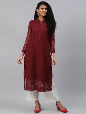 Ada Hand Embroidered Maroon Georgette Lucknowi Chikan Kurta with Slip - A225023 1