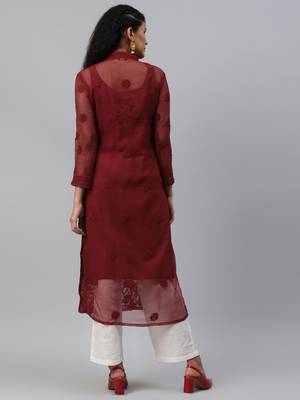 Ada Hand Embroidered Maroon Georgette Lucknowi Chikan Kurta with Slip - A225023 2
