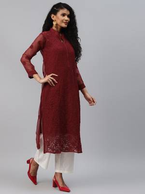 Ada Hand Embroidered Maroon Georgette Lucknowi Chikan Kurta with Slip - A225023 3