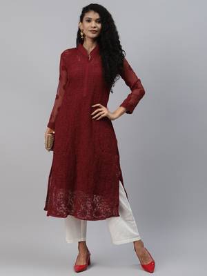 Ada Hand Embroidered Maroon Georgette Lucknowi Chikan Kurta with Slip - A225023 4