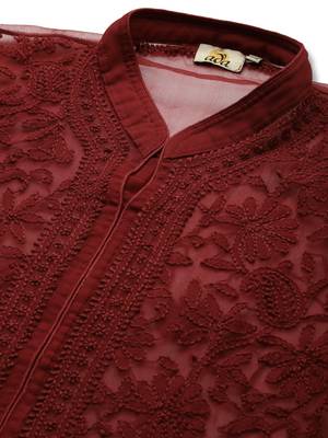 Ada Hand Embroidered Maroon Georgette Lucknowi Chikan Kurta with Slip - A225023 5