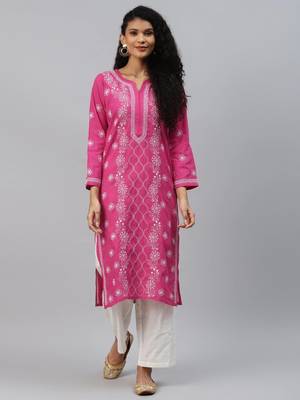 Ada Hand Embroidered Magenta Cotton Lucknow Chikankari Women Kurta - A144029 1