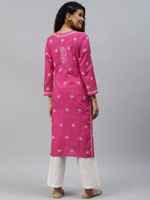 Ada Hand Embroidered Magenta Cotton Lucknow Chikankari Women Kurta - A144029 2
