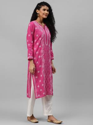 Ada Hand Embroidered Magenta Cotton Lucknow Chikankari Women Kurta - A144029 3