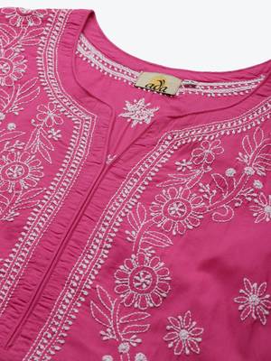 Ada Hand Embroidered Magenta Cotton Lucknow Chikankari Women Kurta - A144029 4