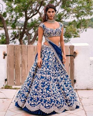 Blue Colored Party wear Designer Embroidered Malay Satin Silk Lehenga Choli 1