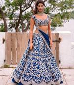 Blue Colored Party wear Designer Embroidered Malay Satin Silk Lehenga Choli