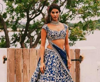 Blue Colored Party wear Designer Embroidered Malay Satin Silk Lehenga Choli 2