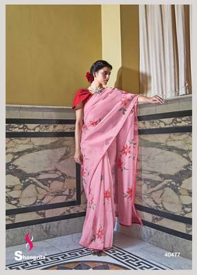 Peach printed organza saree with blouse 1