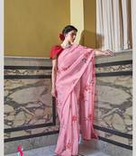 Peach printed organza saree with blouse