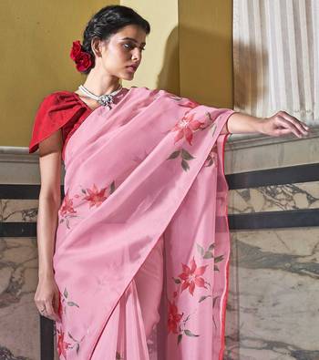 Peach printed organza saree with blouse 2