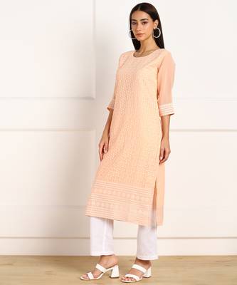 Peach embroidered georgette chikankari-kurtis 3