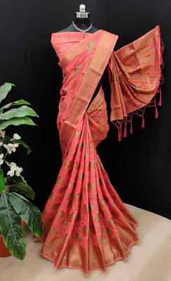 Pink woven cotton saree with blouse 1