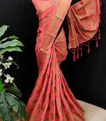Pink woven cotton saree with blouse