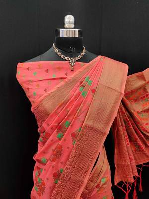 Pink woven cotton saree with blouse 2