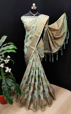 Light green woven cotton saree with blouse 1