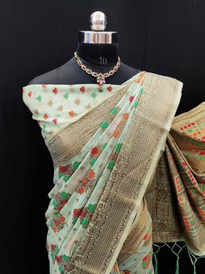 Light green woven cotton saree with blouse 2