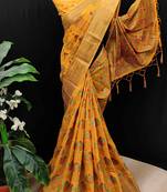 Yellow woven cotton saree with blouse