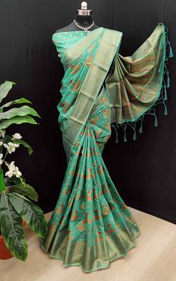 Turquoise woven cotton saree with blouse 1