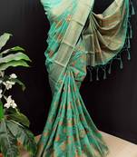 Turquoise woven cotton saree with blouse