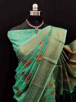 Turquoise woven cotton saree with blouse 2