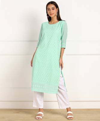 Turquoise embroidered georgette chikankari-kurtis 1